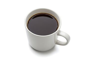 A top view of a white ceramic mug filled with dark black coffee on a plain white background surface top