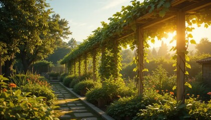 Golden Hour Garden Path: A Serene Sunrise Stroll Through Blooming Vines