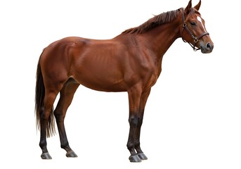 Obraz premium A brown horse standing calmly on a white background in a studio setting with bridle and tail visible