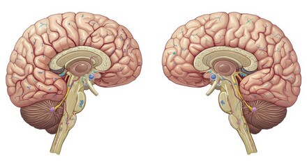 Human Brain Anatomy Illustration - Detailed illustration of a human brain, showcasing its intricate structure and key components from two angles
