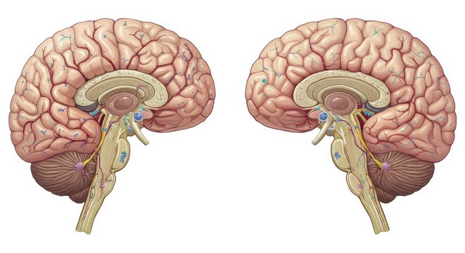 Human Brain Anatomy Illustration - Detailed illustration of a human brain, showcasing its intricate structure and key components from two angles