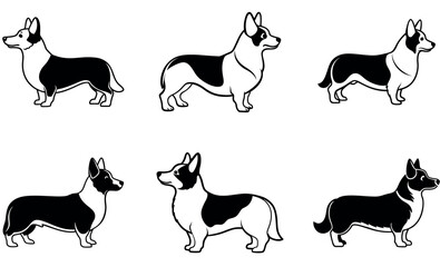 Corgi Dog Silhouette Set - Vector Black and White Corgi Outline Illustrations