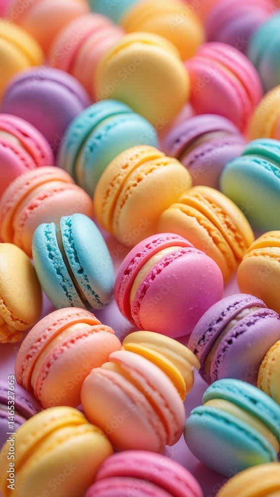 Poster colorful macarons in rows on a gray background.
