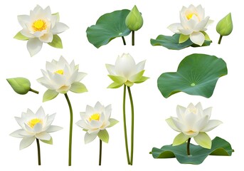 Collection of white lotus flowers with yellow centers and green leaves on a white background