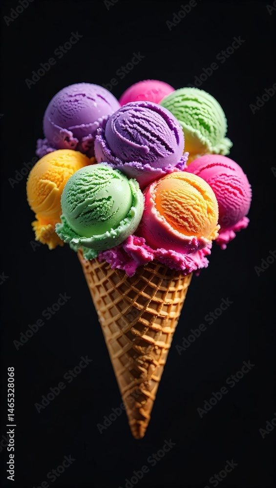 Poster colorful ice cream cones in a row on a dark background.