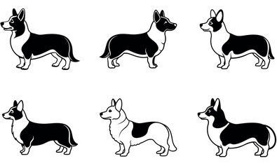 Corgi Dog Silhouette Set - Vector Black and White Corgi Outline Illustrations