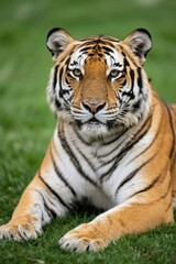 there is a tiger that is laying down in the grass