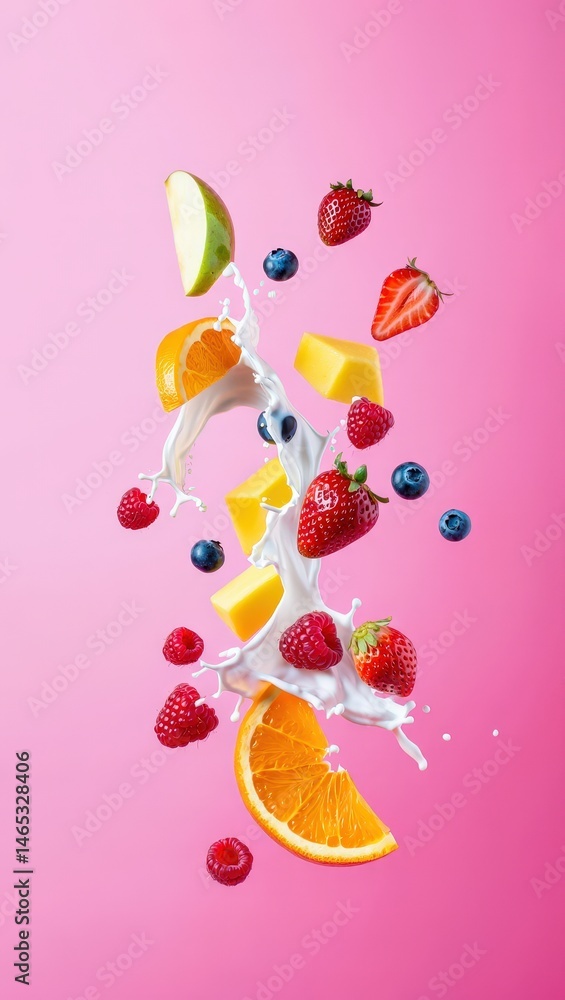Poster a vibrant mix of fruits and juice splashing into the air against a gradient background.