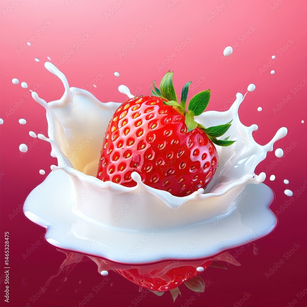 Aufkleber a ripe red strawberry with white milk splashing around it in a white bowl on a pink background.