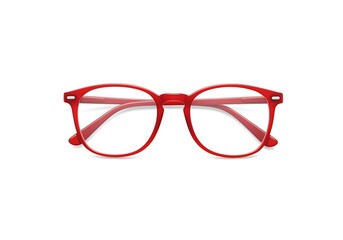 Fototapeta premium A pair of red framed glasses with clear lenses on a white background in a studio shot centered view