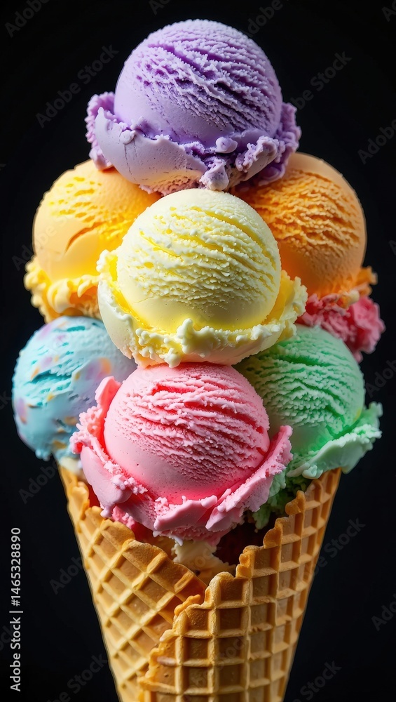 Poster a colorful ice cream cone filled with various flavored scoops of ice cream.