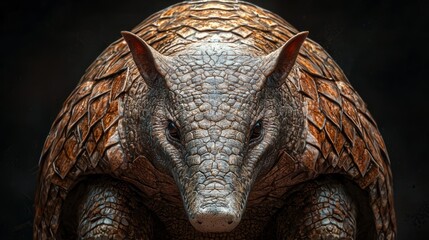 An elderly armadillo, its armor showing signs of wear, standing peacefully with a wise demeanor.
