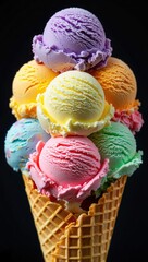 A colorful ice cream cone filled with various flavored scoops of ice cream.
