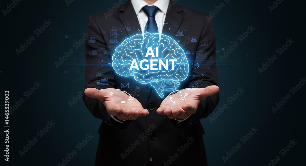 Poster man in suit presents glowing ai agent brain hologram on his open palms against a dark background