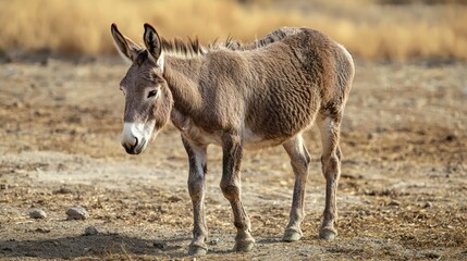 Naklejka premium An elderly donkey walking slowly, its coat showing signs of age but still carrying a dignified posture.