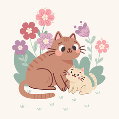 Cute Mother Cat and Kitten with Flowers – Flat Vector Illustration