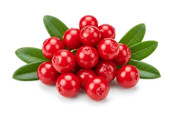 A close up of a pile of cranberries with green leaves on a white background in bright light