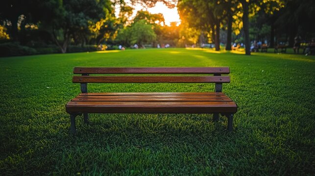 Empty wooden bench on lawn with sunlit trees background