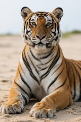 Obraz premium there is a tiger that is laying down on the sand