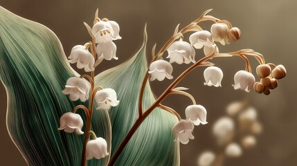 Elegant botanical depiction of Lily of the Valley wrapped in subtle shading, super-resolution