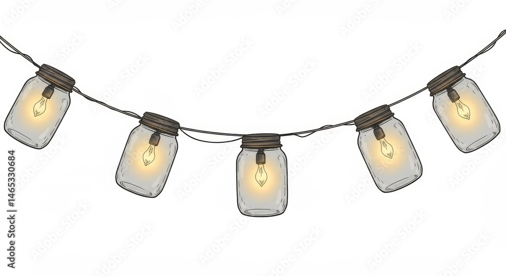 Poster mason jar string lights decoration - charming illustration of mason jar string lights, perfect for a