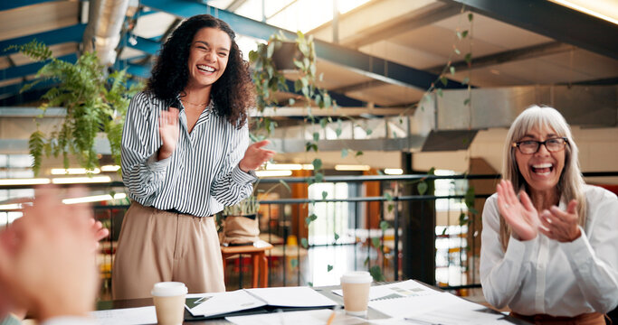 Clapping, business women and celebration for success, results and accomplishment in office. Excited group, applause and cheers for good news, promotion and achievement recognition for winning reward