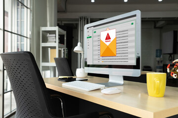 Cyber attacking concept. Malware alert showing on computer screen display scam and threat detection on computer system or online server to be removed snugly.