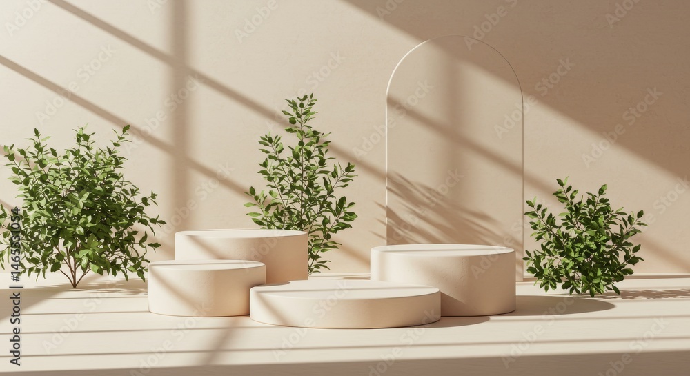 Poster minimalist beige product display - elegant beige product display with three circular platforms and g