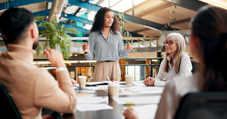 Ideas, speaker and woman in boardroom, creative and brand specialist with project or brainstorming....