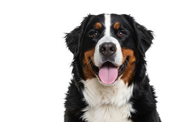 Close up of a bernese mountain dog with its tongue out on a plain white background looking forward