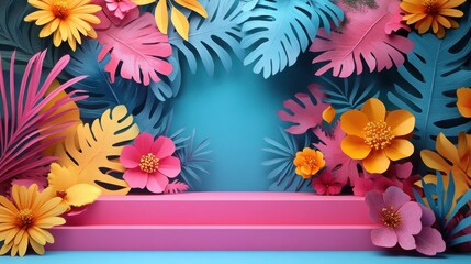 Obraz premium Vibrant Paper Flowers Tropical Leaves on Pink Platform Summer Background