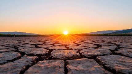 Sunset over Dry Cracked Earth Landscape
