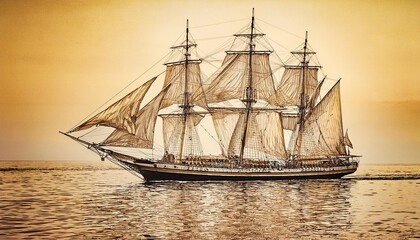 Old tall sailing ship on the ocean crisp neo-pop illustration; pencil sketch on old yellowed