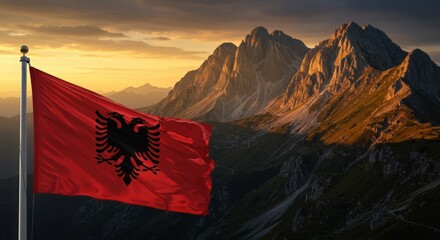 Waving Albanian Flag with Double-Headed Eagle Against the Dramatic Peaks of the Albanian Alps