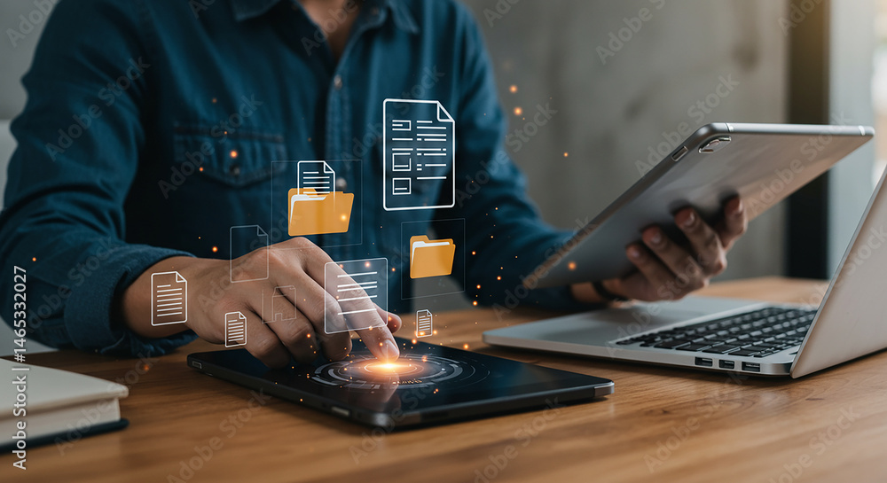 Poster person using laptop and tablet with document and folder icons floating above the devices on a wood d