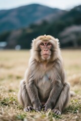 Naklejka premium araffe sitting in the grass with mountains in the background
