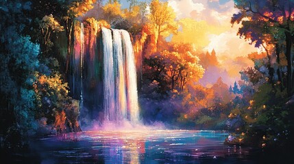 Majestic waterfall cascading into a tranquil pool, vibrant colors, lush forest