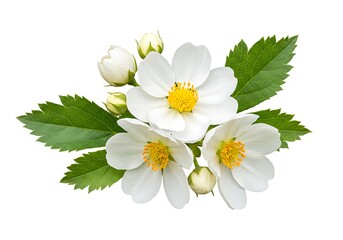 Close up of a cluster of white flowers with yellow centers and green leaves on a white background