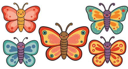 Cute Cartoon Butterflies, Colorful Insect Illustration Set