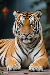 there is a tiger that is laying down on the ground