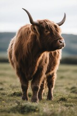there is a brown cow standing in a field with long horns