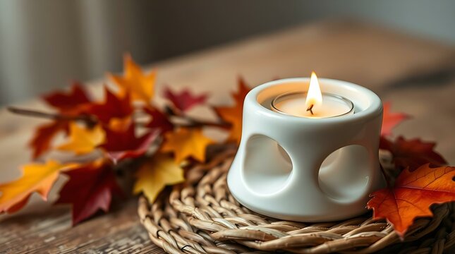 Autumn-Themed Candle in White Ceramic Holder with Fall Leaves Decor - Mockup