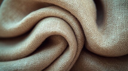 Fototapeta premium Close-up of draped beige fabric. Soft, textured folds and drapes. Natural light highlights the weave