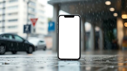 Mockup - Smartphone with Empty Display in Urban Rain: Perfect for Mobile UI Presentation