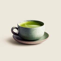 Minimalist modern tea cup filled with emerald matcha, soft highlights