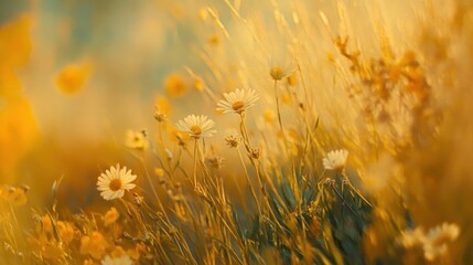 Golden meadow wildflowers bathed in sunlight