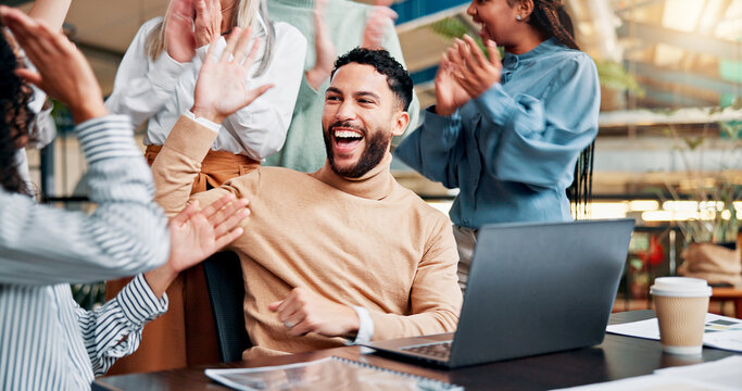 High five, success and business man with collaboration for winning, bonus or creative proposal approval. Excited, people and laptop for applause, support and celebration for team funding at startup