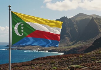 Waving Comorian Flag Representing Island Unity Against the Volcanic Coastal Landscape of the Archipelago
