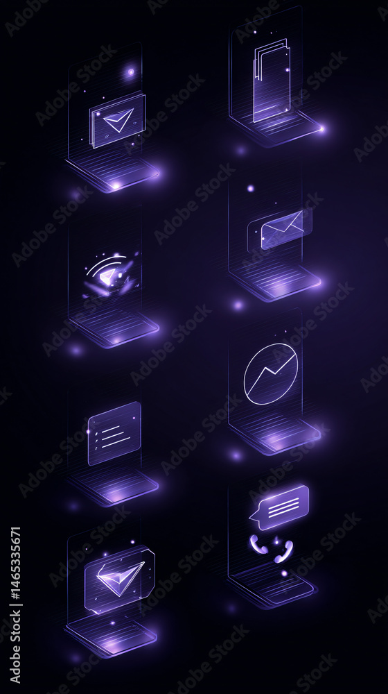 Poster isometric design of mobile app interface icons focused on business and communication.