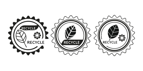 Set of three recycling emblems featuring leaf & gear icons